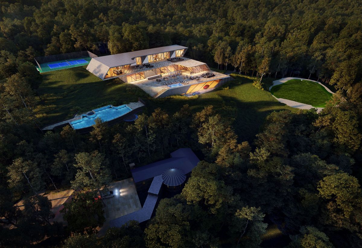 Hampton Residence at night aerial view