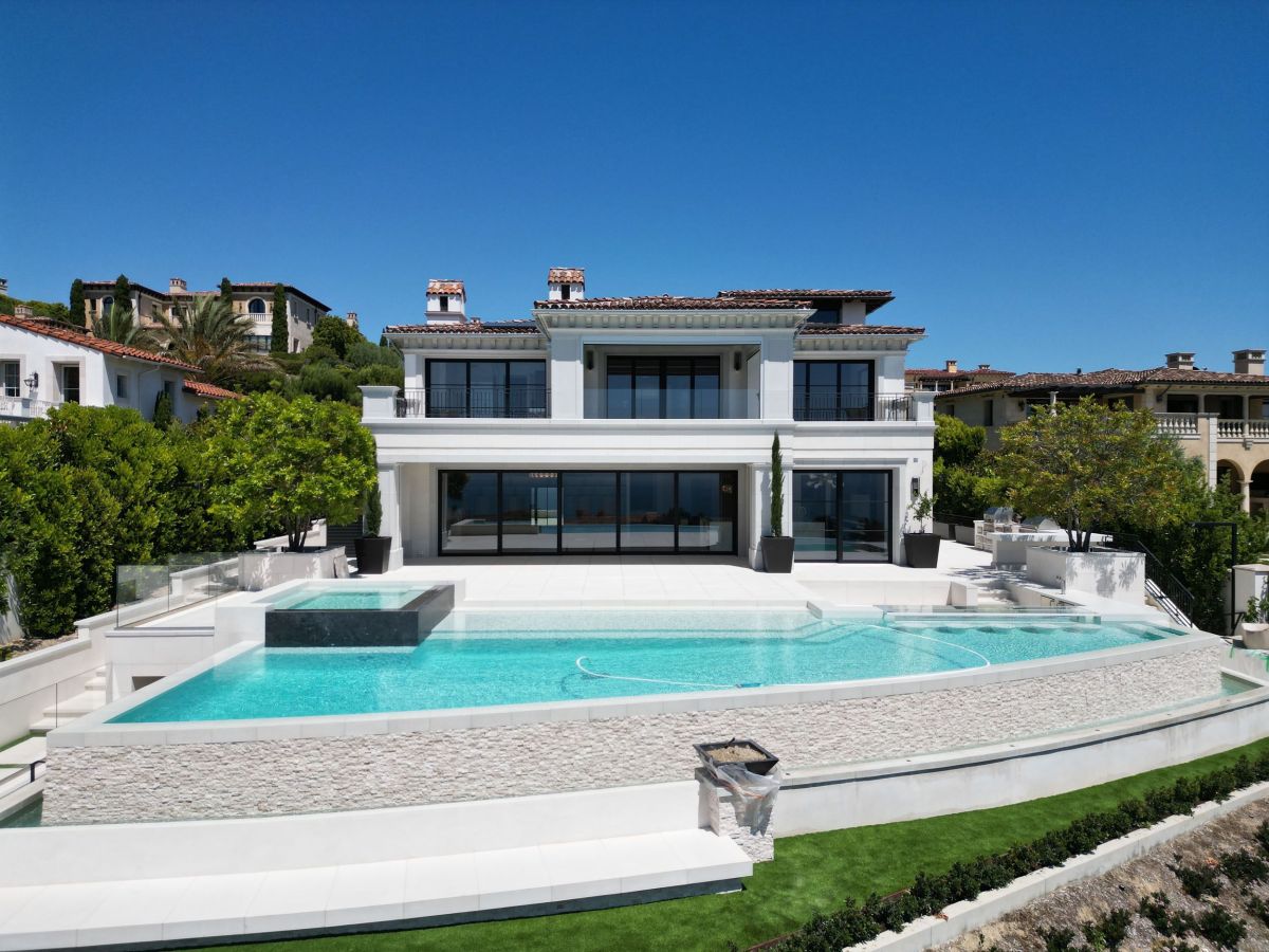Crystal Cove Newport Beach Mansion Aerial with Pool