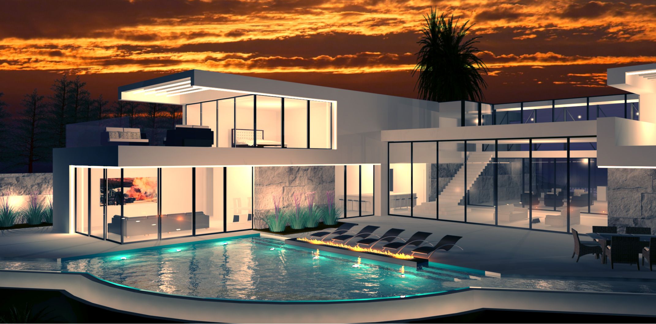 Modern Mansion shot at night with pool view